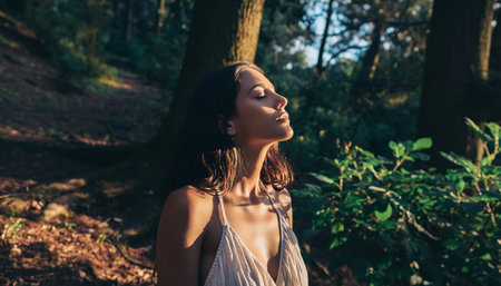 Peaceful young woman with eyes closed taking deep breath in natural woodland setting. Warm sunlight filters through trees creating serene atmosphere. Perfect for wellness and mindfulness content.の素材