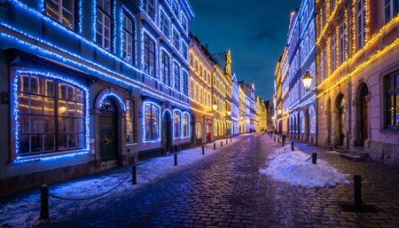 Stunning wide-angle view of snow-dusted European cobblestone street lined with historic buildings decorated in brilliant blue and golden LED lighting, creating cinematic winter wonderland perfect...の素材