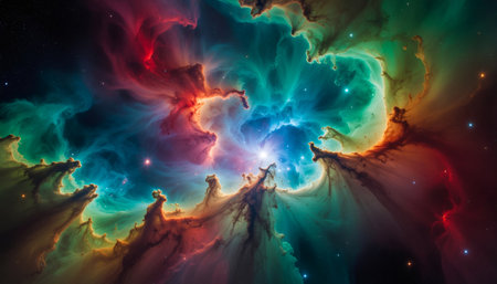 Stunning deep space nebula displaying vibrant jewel tones of emerald green, turquoise blue, and ruby red cosmic gases. Perfect for science fiction, astronomy education, and futuristic design projects.の素材