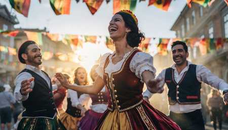Authentic cultural celebration featuring people in traditional European folk dress dancing joyfully at outdoor festival. Perfect for tourism, heritage, community events, and cultural diversity...の素材