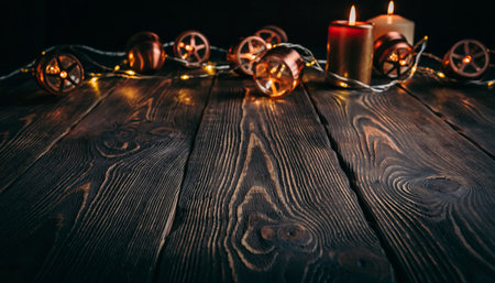Dark rustic wooden table surface with warm ambient lighting from candles and fairy lights. Copper decorative elements create cozy atmosphere.の素材