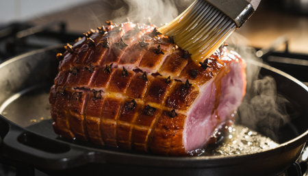 Close-up of traditional holiday ham with diamond scoring pattern, clove studs, and glossy glaze being basted with fork in cast iron pan. Perfect for Christmas cooking content.の素材