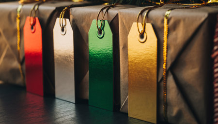 Macro detail of brightly colored metallic tags with golden cords against warm wooden background. Perfect for holiday marketing, retail branding, gift concepts, and seasonal campaigns.の素材