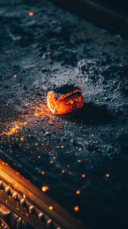 Cinematic close-up of luminous burning coal with orange glow and floating sparks on dark textured surface. Perfect for energy, heat, fire concepts in advertising and editorial use.の素材