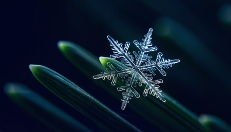 Stunning macro detail of perfectly formed ice crystal snowflake resting on evergreen pine needles. Rich emerald and sapphire tones create dramatic contrast for holiday themes.の素材