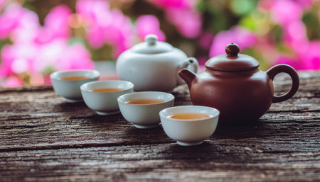 Traditional Chinese tea ceremony setup featuring clay and ceramic teapots with delicate porcelain cups filled with golden tea, arranged on rustic wooden surface with soft pink floral bokeh backgroundの素材