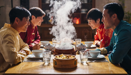 Warm family gathering around wooden table with traditional steamboat meal, featuring multiple generations sharing festive dinner with rising steam and cozy interior lightingの素材