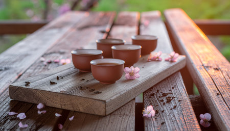 Peaceful gongfu cha tea service featuring brown ceramic teacups on weathered wood surface with scattered pink flower petals, perfect for wellness, meditation, and cultural contentの素材