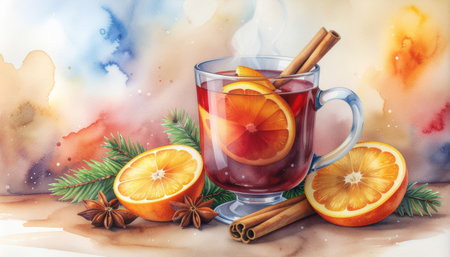 Artistic watercolor illustration of hot spiced wine in glass mug with fresh orange garnish, cinnamon sticks, and pine sprigs.の素材