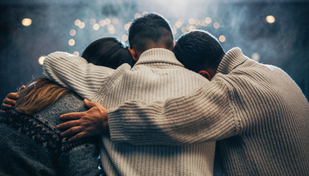Emotional moment of three people embracing in tight circle wearing warm knitted sweaters. Atmospheric evening lighting with beautiful bokeh background creates intimate mood.の素材