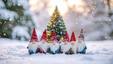 Six adorable holiday gnomes with red felt hats and white beards positioned beside illuminated Christmas tree in snowy outdoor setting with bokeh lights and falling snowの素材