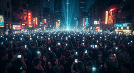Massive crowd fills neon-lit city street holding glowing smartphones, creating spectacular light display. Perfect for technology, social media, urban lifestyle, and digital connectivity conceptsの素材