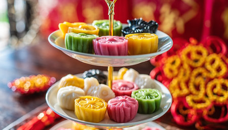 Colorful traditional Chinese sticky rice cakes arranged on glass serving stand with warm bokeh background. Perfect for Asian cuisine, festival marketing, and cultural celebration content.の素材