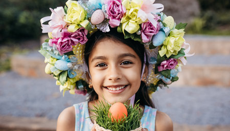 Happy young girl smiling brightly while wearing ornate floral headpiece decorated with Easter eggs, roses, and ribbons. Perfect for spring celebrations, holiday marketing, and family content.の素材
