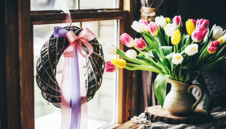 Warm spring home decor scene with handcrafted wicker wreath, colorful fresh tulips in ceramic pitcher, and natural window lighting creating cozy seasonal atmosphereの素材