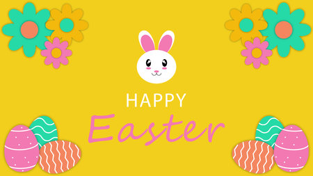 Easter banner and poster template design with Easter eggs, flower and rabbit on yellow background....