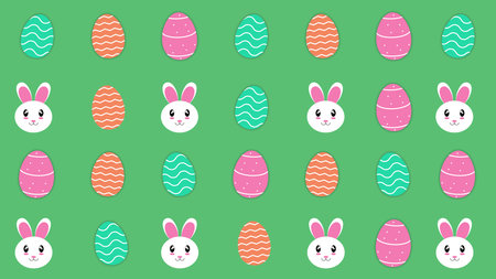 Easter background with rabbits and beautiful painted eggs on green.のイラスト素材