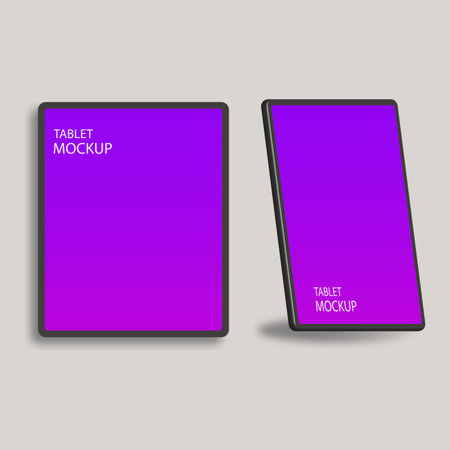 Two tablet mockup with gradient touch screen on grey background. Realistic tablet device mockup. Vector illustration. EPS 10.のイラスト素材