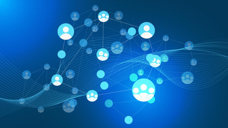 Global social network. Internet and technology. Blue futuristic background with wavy lines. Vector illustration. EPS 10.のイラスト素材