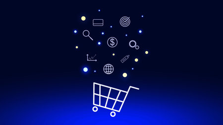 <p>Shopping cart with icons on dark blue background. Online shopping concept</p>のイラスト素材