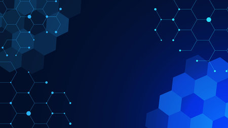 Abstract hexagonal with glowing particles on dark background for technology, molecule structure, medical, chemistry, network connection and science. Vector illustration.のイラスト素材
