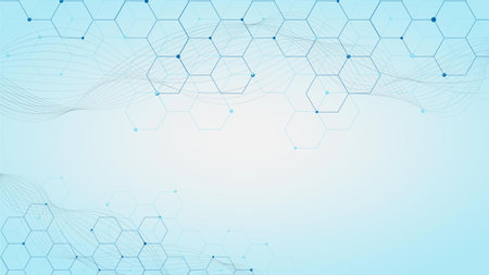 Hexagonal with particles and wave flow for health care and medical pattern on gradient background. Vector illustration.のイラスト素材
