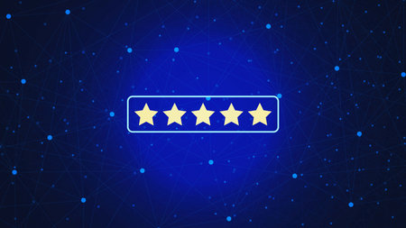 Customer review feedback with five stars on blue technology background. Rating product concept....