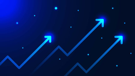 Up arrow with particles on blue technology background. Financial company statistic, business growth,...