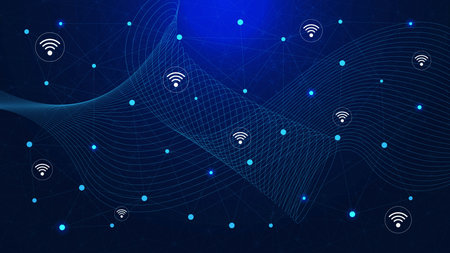 Global network connection with wifi icons and wave flow for digital communication technology concept background. Vector illustration.のイラスト素材