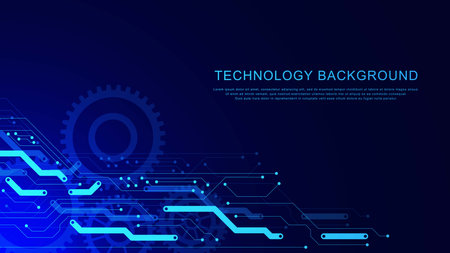 Electronic circuit board with gear wheel for digital engineering concept. Abstract futuristic technology innovation background design. Vector illustration.のイラスト素材