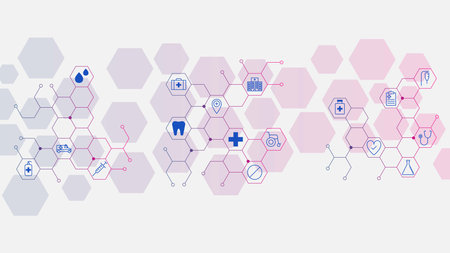 Health care and medical innovation with hospital icon and hexagonal shapes background design. Vector illustration.のイラスト素材
