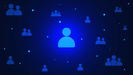 Social network connection with people icons on dark blue background. Global business and...