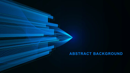 Abstract glowing straight lines and wave flow on dark blue background. Big data visualization, global networking and digital communication technology concept. Vector illustration.のイラスト素材