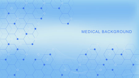 Abstract geometric health care and medical innovation background. Hexagon shapes with particles and wave flow. Medicine and science concept design. Vector illustration.のイラスト素材
