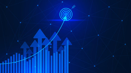 Financial investment or company report graph. Calculating financial data for long term investment growth goals with target symbol. Vector illustration.のイラスト素材