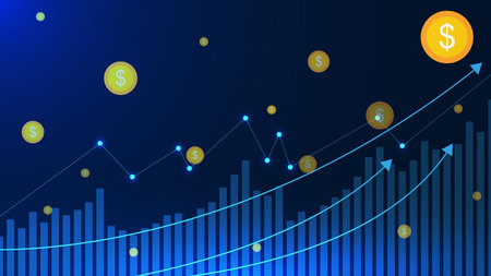 Business profit or financial investment and saving with dollar coin. Graph chart for company finance report background design concept. Vector illustration.のイラスト素材