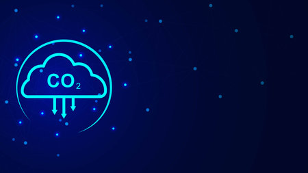 Blue cloud CO2 carbon dioxide emission reduction. CO2 sign symbol with arrows down and connecting...