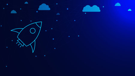 Rocket launch or space ship for business startup concept with cloud and connecting dots lines....