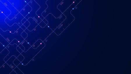 Geometric circuit technology connect dots and lines. Network connection and digital communication technology concept on dark blue background. Vector illustration.のイラスト素材