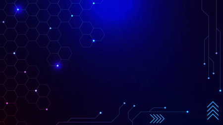 Digital technology with circuit board and glowing particles on dark blue background. Big data visualization concept. Vector illustration.のイラスト素材