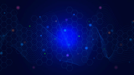 Abstract modern scientific with hexagon shapes and wave flow background. Molecular structure, science, technology and innovation concept. Vector illustration.のイラスト素材