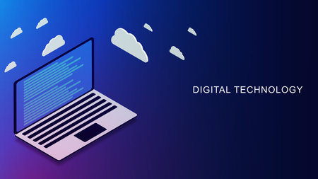 Laptop with cloud computing isometric. Computer service technology, data server. Network connection...