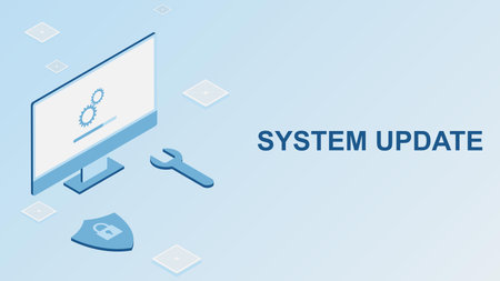 Desktop system update concept with isometric computer. Updating computer software design background. Vector illustration.のイラスト素材