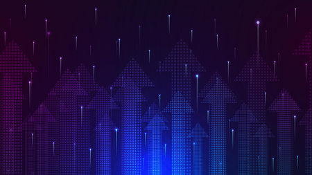 Internet speed connection technology concept with up arrow and glowing particles. Blue arrow technology background design. Vector illustration.のイラスト素材