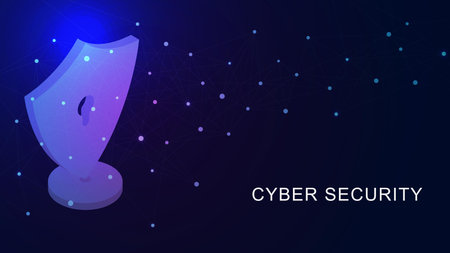 Cyber security concept with isometric shield and connecting dots lines. Protect data or data privacy protection background. Vector illustration.のイラスト素材