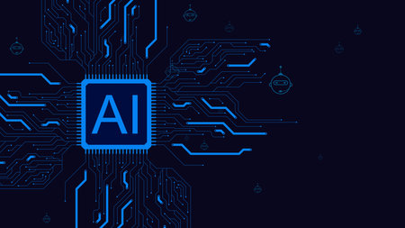 Microchip or CPU chip with circuit board for artificial intelligence technology concept background. Vector illustration.のイラスト素材