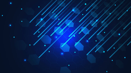 Abstract hexagonal shapes with connecting dots and lines. Internet speed connection, social communication and digital technology concept background. Vector illustration.のイラスト素材
