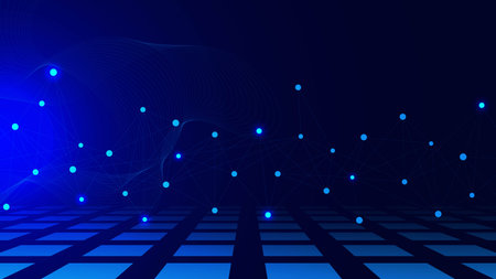 Abstract perspective rectangle with connecting dots and lines. Network connection and global communication technology concept background. Vector illustration.のイラスト素材