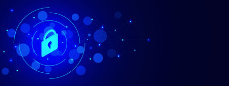 Cybersecurity or network protection concept with futuristic padlock. Connecting dots and lines....