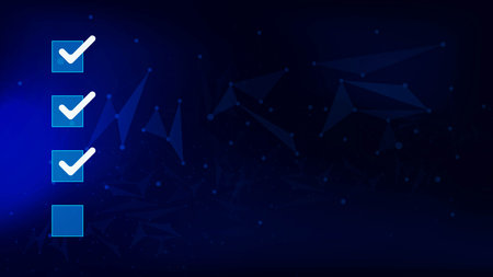 Tick correct sign mark in checkbox with connecting dots and lines on dark blue background. Vector...